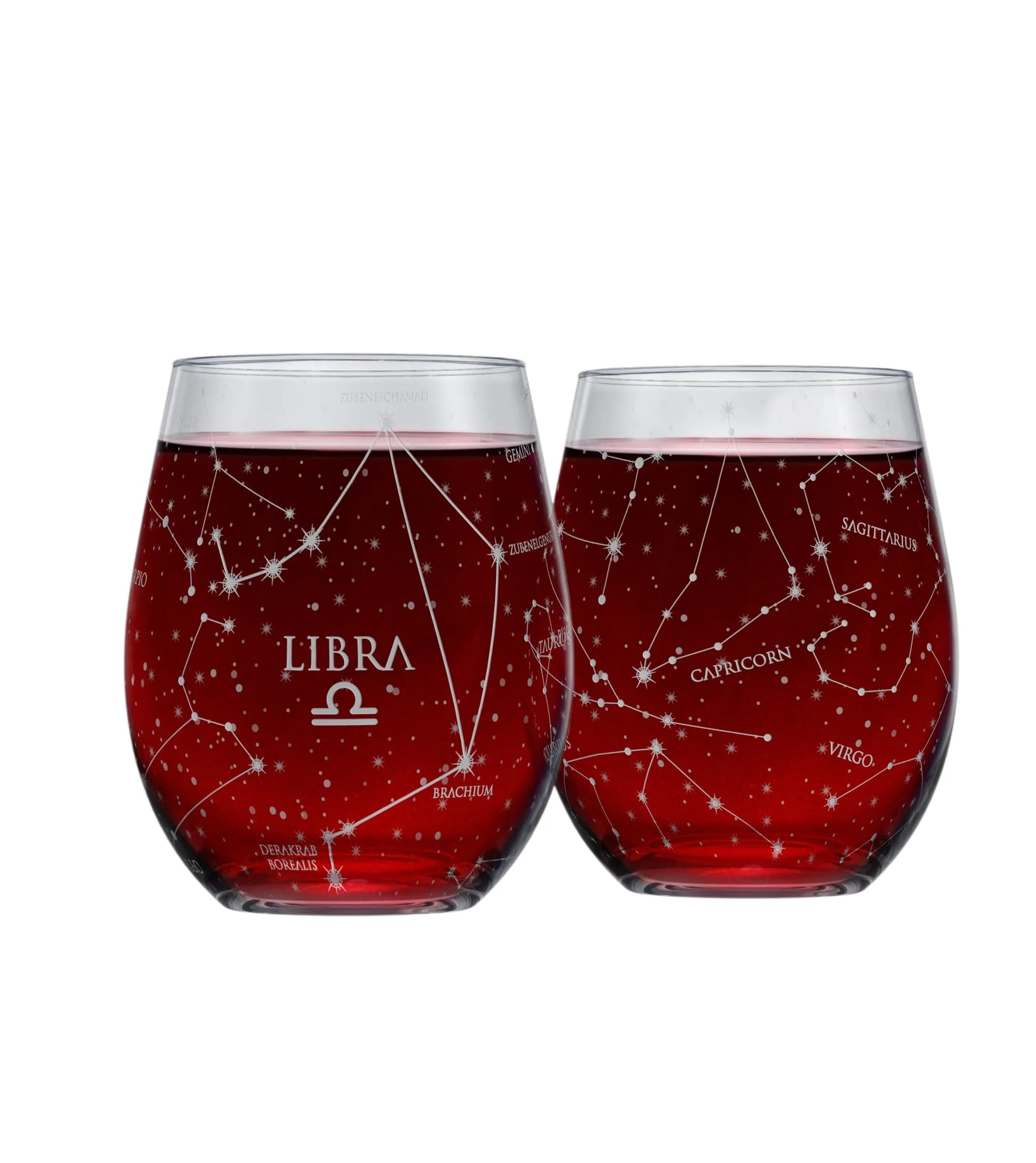 Greenline Goods Sagittarius Zodiac Stemless Wine Glasses 15 oz | Hand Etched Astrology Sign — Libra