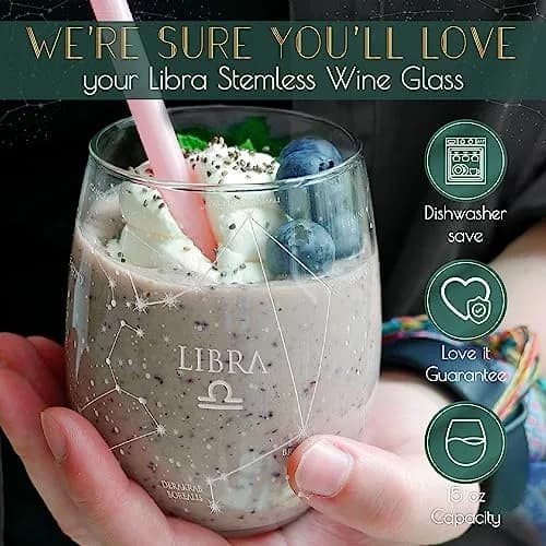 Greenline Goods Libra Zodiac Stemless Wine Glasses 15 oz | Astrology Sign Glassware thumbnail 3