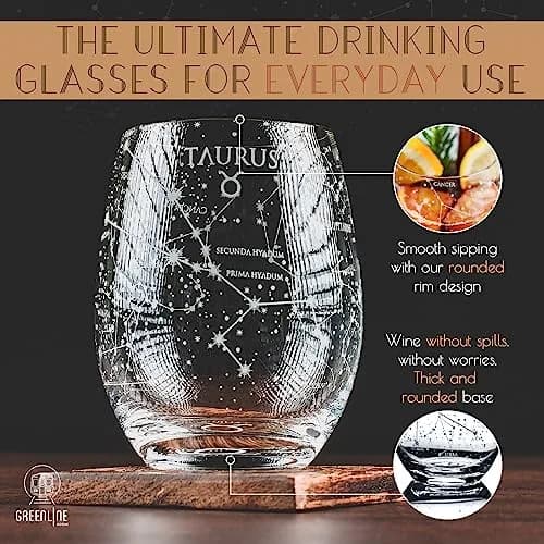 Greenline Goods Taurus Zodiac Stemless Wine Glasses 15 oz | Hand Etched Astrology Sign thumbnail 2