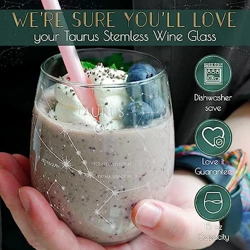 Greenline Goods Taurus Zodiac Stemless Wine Glasses 15 oz | Hand Etched Astrology Sign thumbnail 3