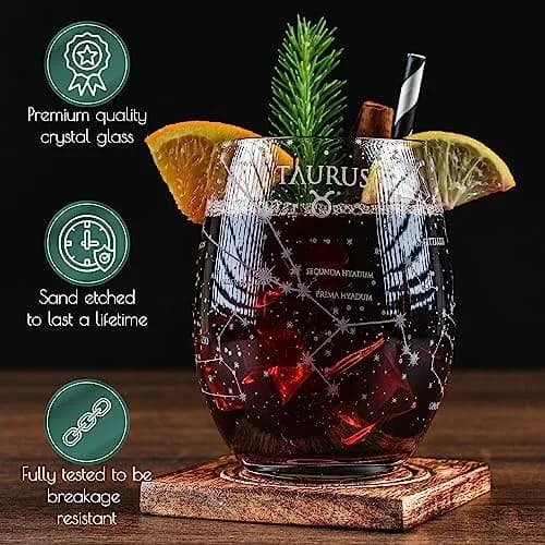 Greenline Goods Taurus Zodiac Stemless Wine Glasses 15 oz | Hand Etched Astrology Sign thumbnail 4