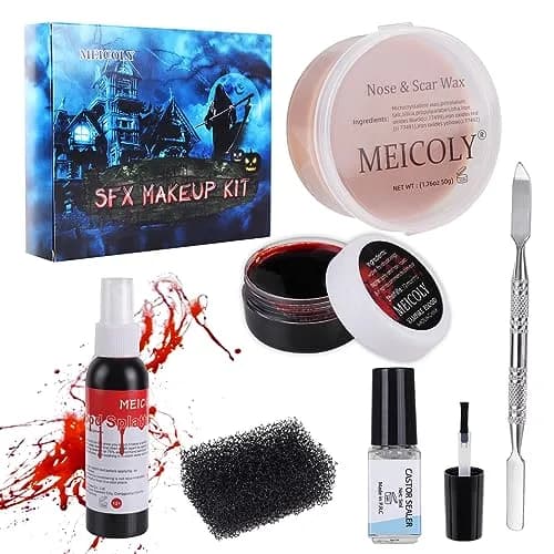 MEICOLY SFX Makeup Kit with Scar Wax & Fake Blood Spray, 7 Piece Set | Realistic Wound Effects thumbnail 1