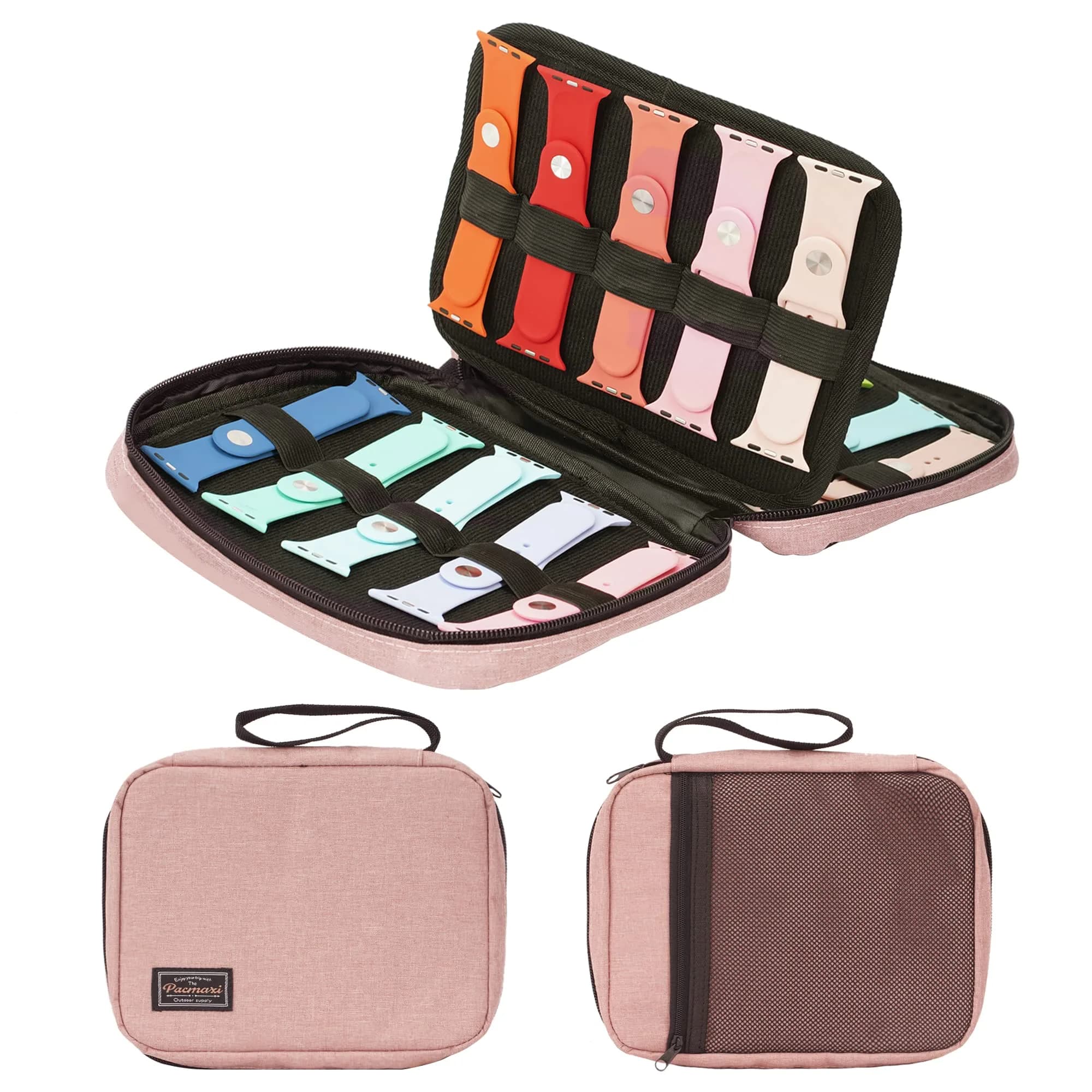 PACMAXI Watch Band Storage Case for 20 Bands | Purple Polyester Organizer with Wristlet Handle — 1-pink