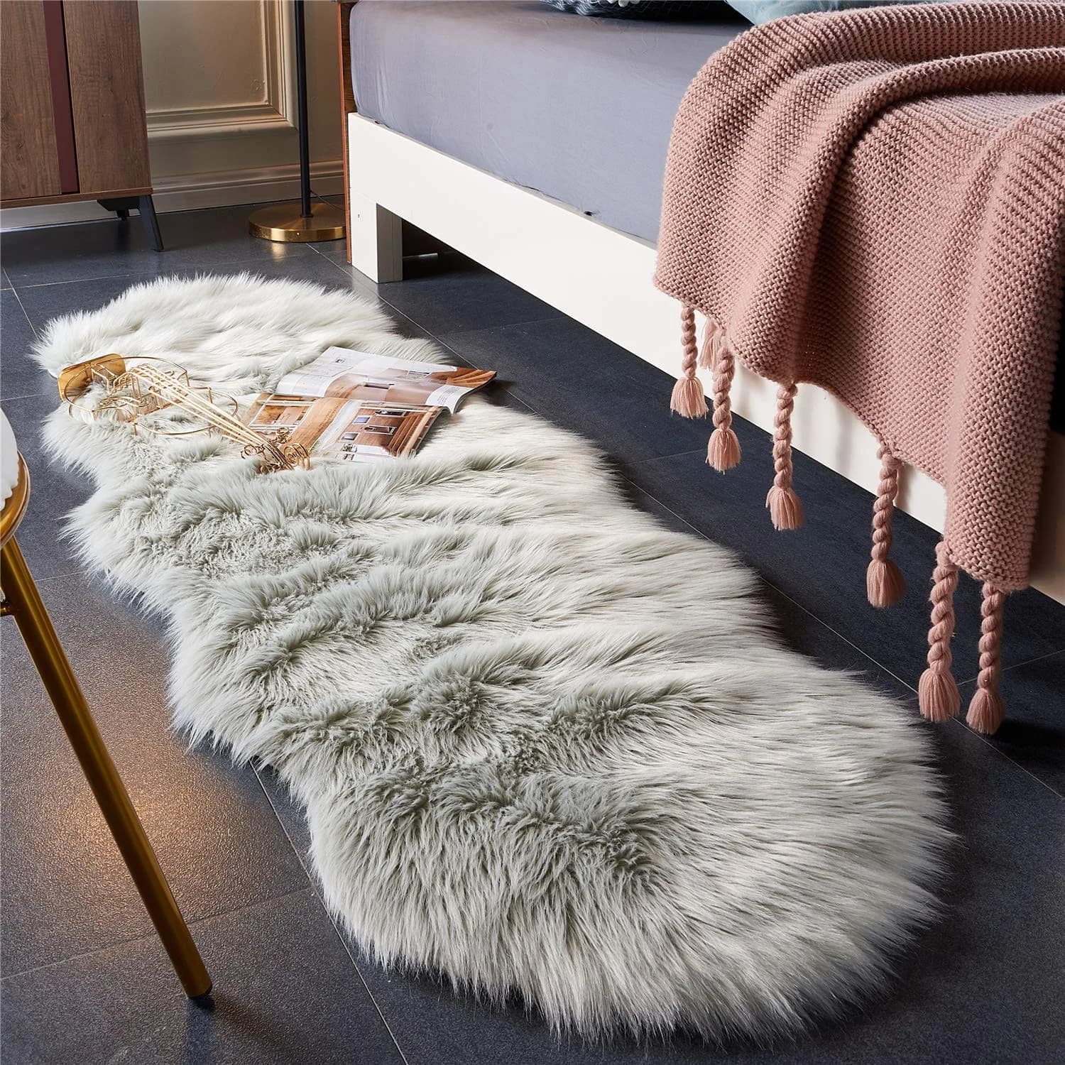 EasyJoy Sheepskin Faux Fur Area Rug 2 x 6 ft | Ultra Soft Fluffy Sheepskin for Bedroom & Living Room — Light Grey