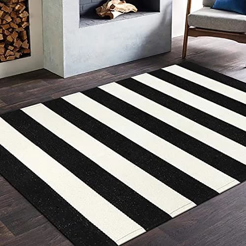 LEEVAN Black and White Striped Outdoor Rug 3x5 | Washable Front Porch Rug thumbnail 9