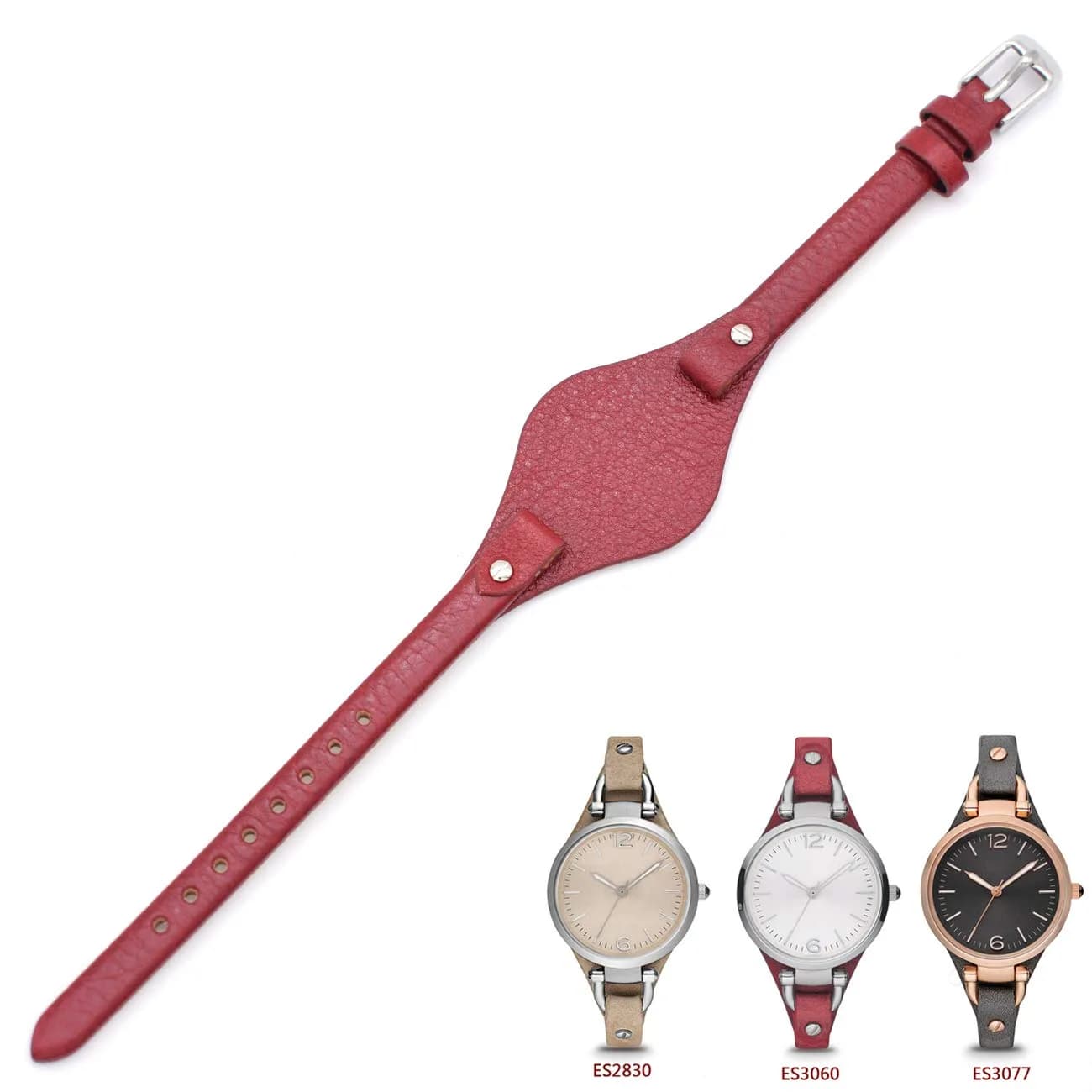 bullish 8mm Genuine Leather Watch Strap Replacement for Fossil ES3148 ES4119 ES4176 ES3262 ES3077 | Elegant Stripe Design — Red