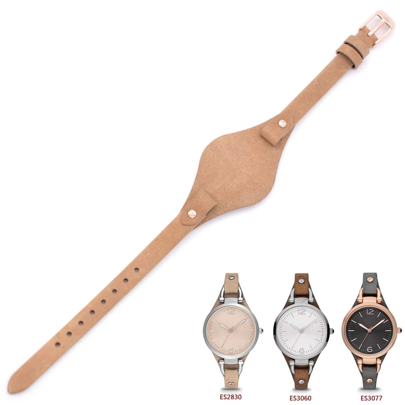 bullish 8mm Genuine Leather Watch Strap Replacement for Fossil ES3148 ES4119 ES4176 ES3262 ES3077 | Elegant Stripe Design — Beige Leather
