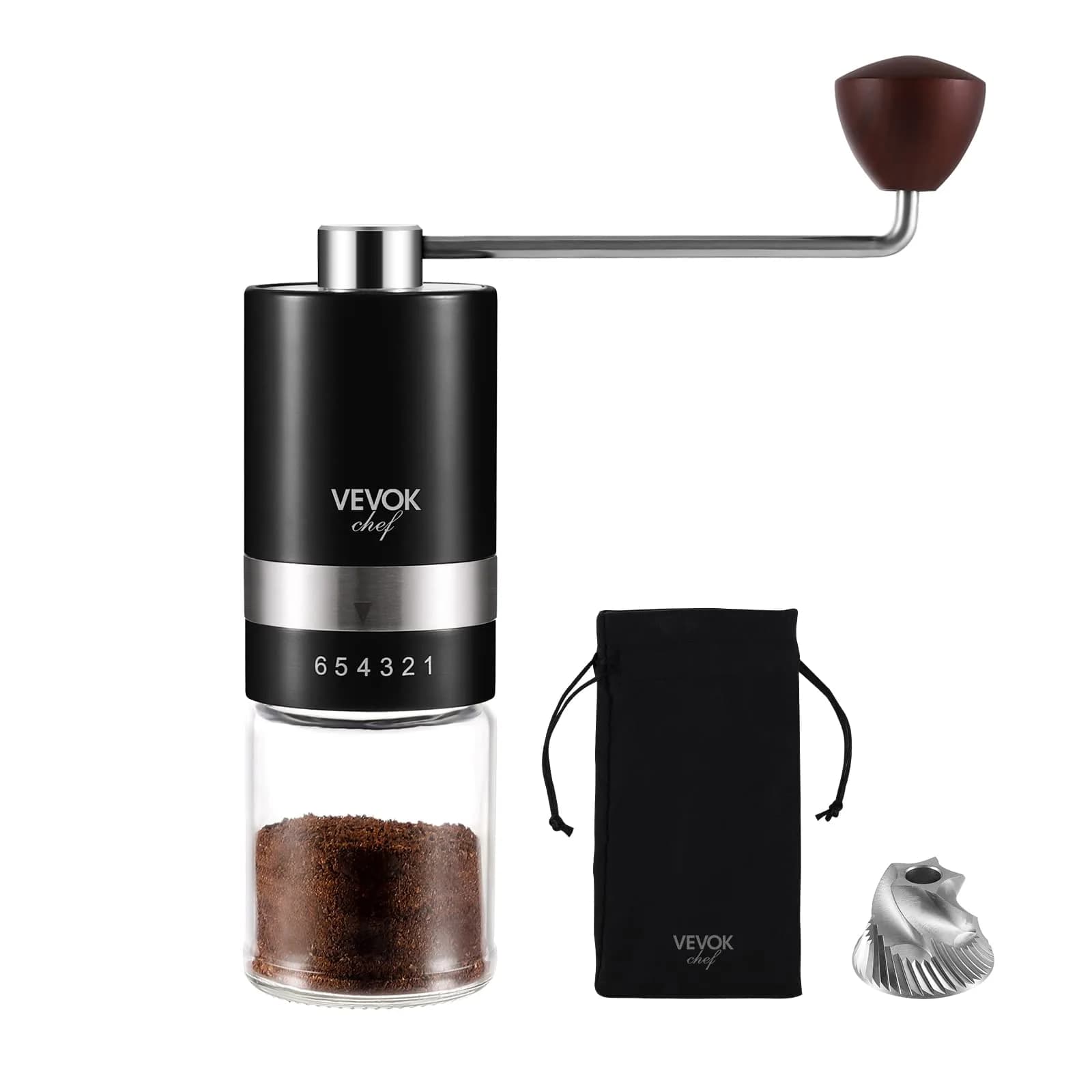 VEVOK CHEF Manual Coffee Grinder 6 Settings | Stainless Steel Conical Burr Portable Hand Crank Fine for Espresso - main product image
