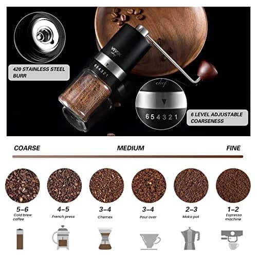 VEVOK CHEF Manual Coffee Grinder 6 Settings | Stainless Steel Conical Burr Portable Hand Crank Fine for Espresso thumbnail 2