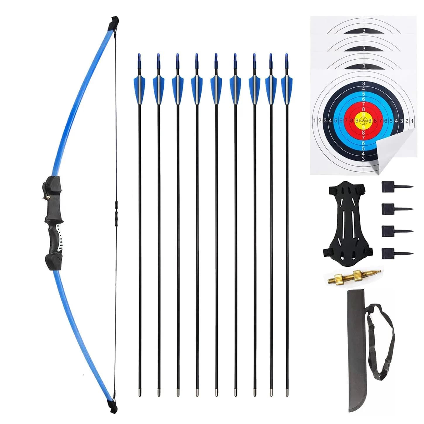 Mxessua 45" Youth Bow and Arrows Set Black | Beginner Recurve Archery Kit with 9 Arrows, Arm Guard, Quiver, Target Faces — Blue