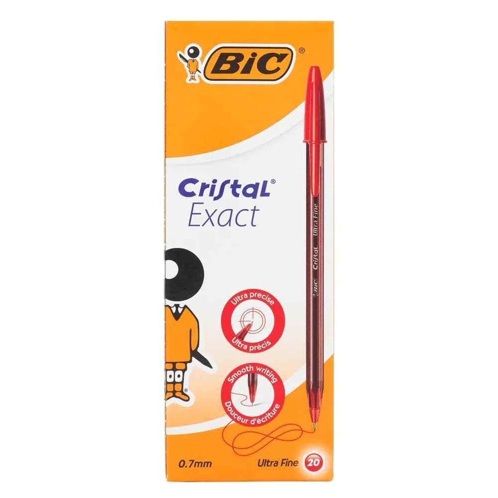 BIC Cristal Exact Fine Point Pens (0.7 mm) | Precise Black Ink, Box of 20 — Red