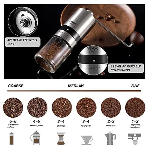 VEVOK CHEF Manual Coffee Grinder Stainless Steel Burr Grinder 48g | 6 Adjustable Settings for Home & Travel thumbnail 2