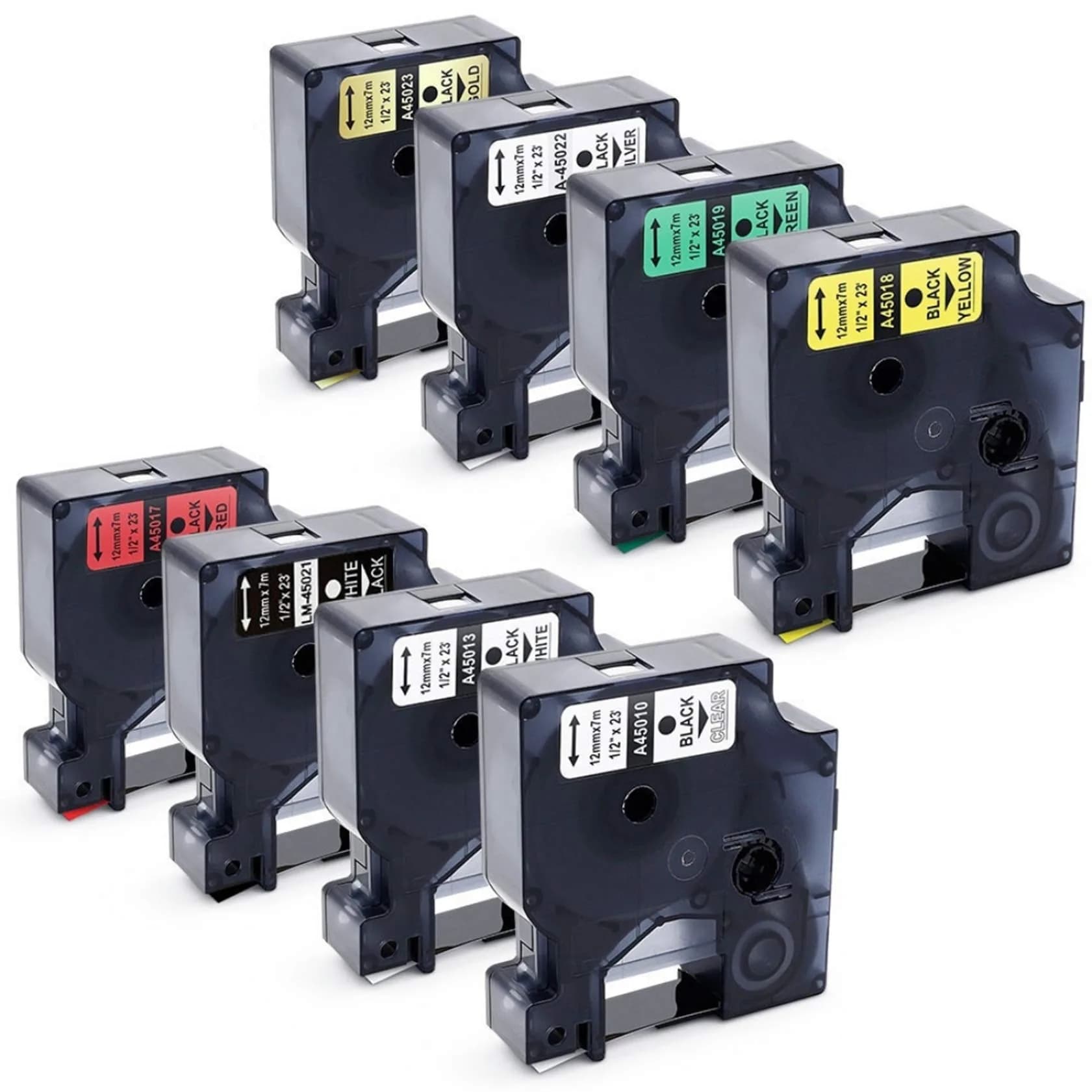 LabelPros Compatible Dymo D1 Label Tape 7-Pack | 12mm (1/2") x 7m (23ft) Black on White, Clear, Blue, Red, Yellow, Green, White on Black — Black on Clear/White/Green/Red/Yellow/White/Silver/Gold on Black