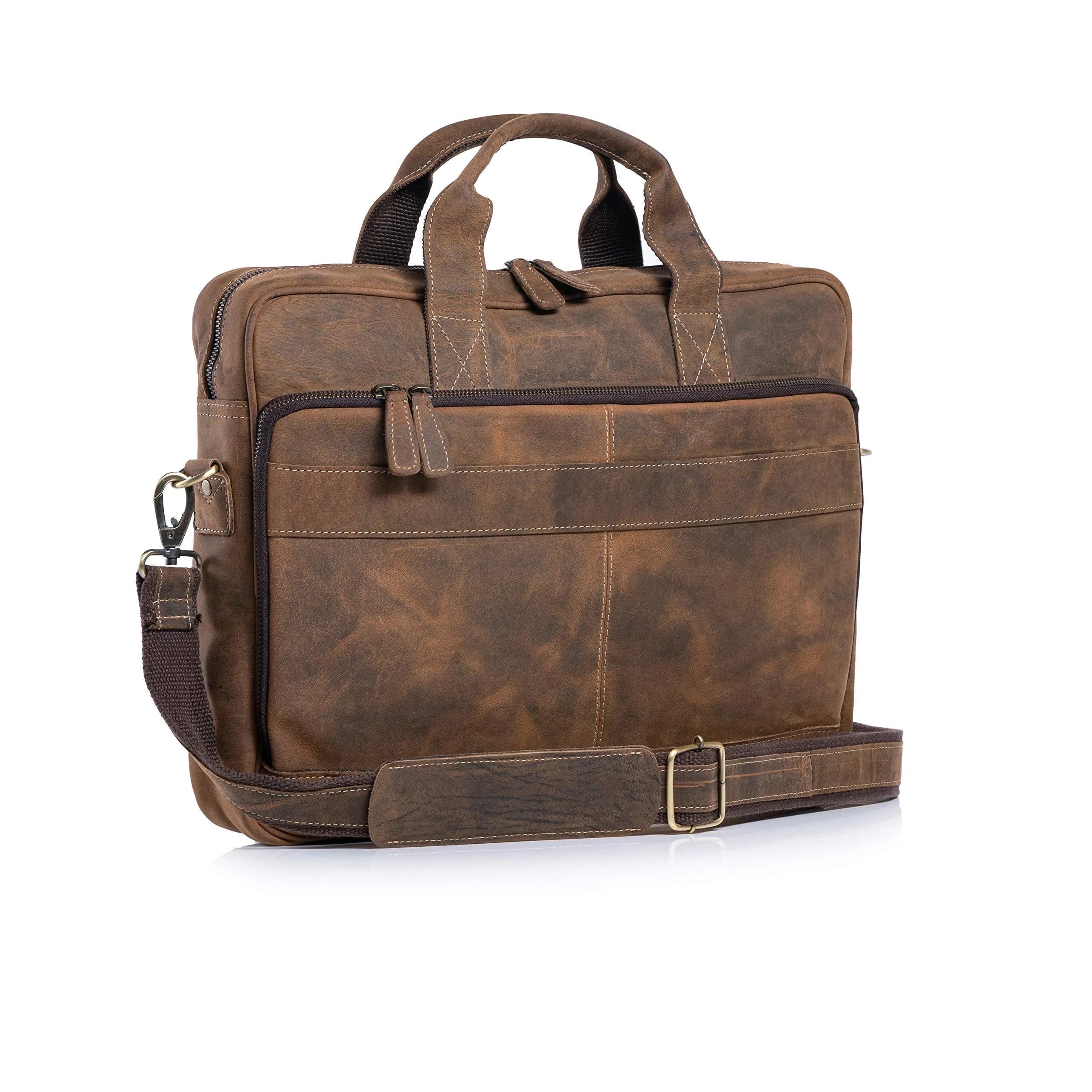 KomalC Leather Briefcase 16-inch Laptop Messenger Bag Satchel for Men and Women | Top Grain Buffalo Leather, YKK Zippers, Trolley Compatible — Distressed Tan