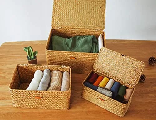 Yesland Handwoven Seagrass Storage Baskets with Lid Set of 3, Compact Rectangular Wicker Bins 20cm (L) | Bohemian Style Organizer for Shelves, Closets, Desktops thumbnail 6