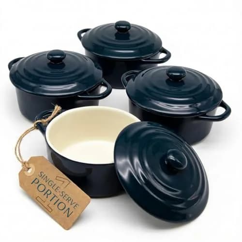 KooK Mini Cocotte Dutch Oven Set of 4 with Lids & Handles, 355ml (12 oz) Navy | Oven to Table Stoneware thumbnail 1