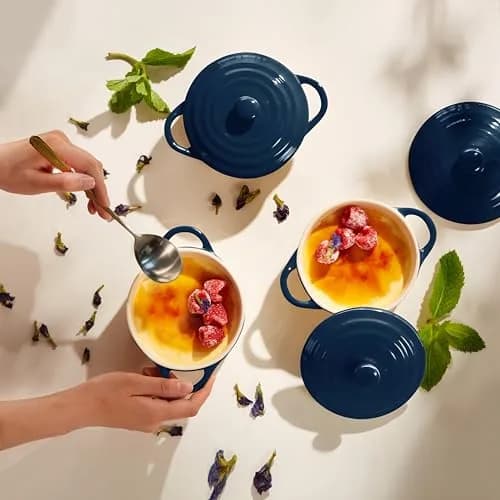 KooK Mini Cocotte Dutch Oven Set of 4 with Lids & Handles, 355ml (12 oz) Navy | Oven to Table Stoneware thumbnail 4