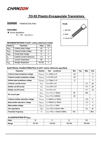 CHANZON SS8550 PNP Power BJT Transistor TO-92 | Medium Power Switching & Amplification thumbnail 4
