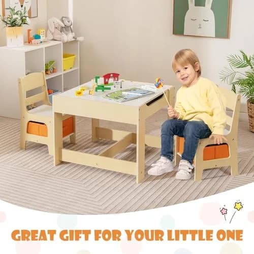 HONEY JOY Kids Table and Chairs 3-in-1 Wooden Activity Set for Toddlers 3-7 Years | Storage & Reversible Top thumbnail 9