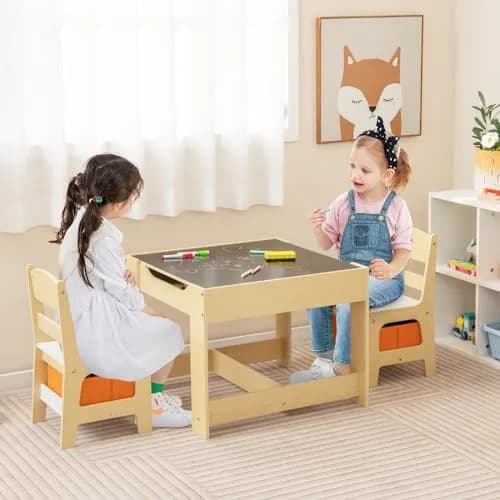 HONEY JOY Kids Table and Chairs 3-in-1 Wooden Activity Set for Toddlers 3-7 Years | Storage & Reversible Top thumbnail 2