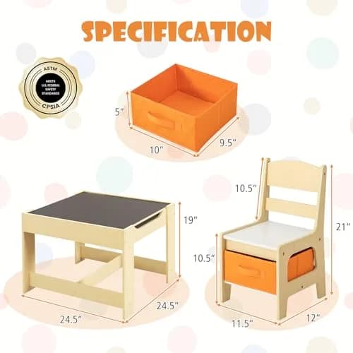 HONEY JOY Kids Table and Chairs 3-in-1 Wooden Activity Set for Toddlers 3-7 Years | Storage & Reversible Top thumbnail 3