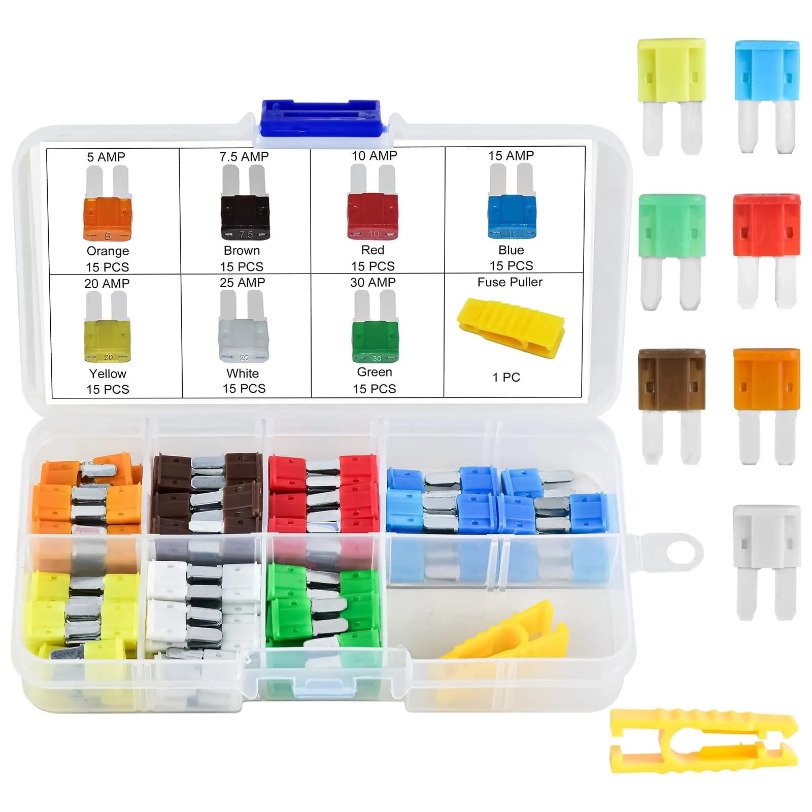 MuHize Micro2 Blade Fuses 105 Pieces (5A-30A) | Automotive Fuse Assortment with Puller Tool — 105 Pieces