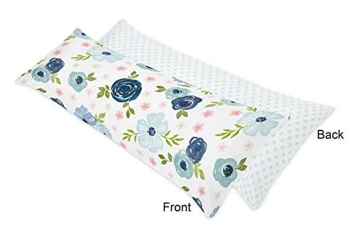 Sweet Jojo Designs Navy Blue and Pink Watercolor Floral Body Pillow Case Cover (Pillow Not Included) - Blush, Green and White Shabby Chic Rose Flower Polka Dot thumbnail 2