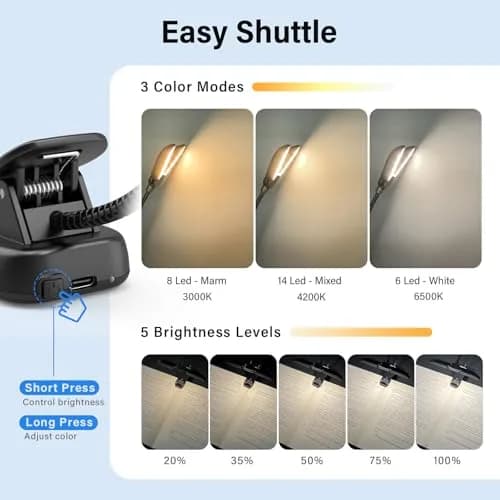 Vekkia 14 LED Rechargeable Book Light 10.1cm (4.0in) | 3 Color Modes, 3 Brightness Levels, Eye Care Lamp thumbnail 3