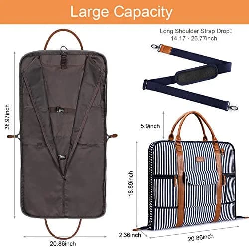 S-ZONE Carry On Garment Bag for Business Travel Canvas Leather Men Women Suit Cover, Blue Stripe-l, L thumbnail 5