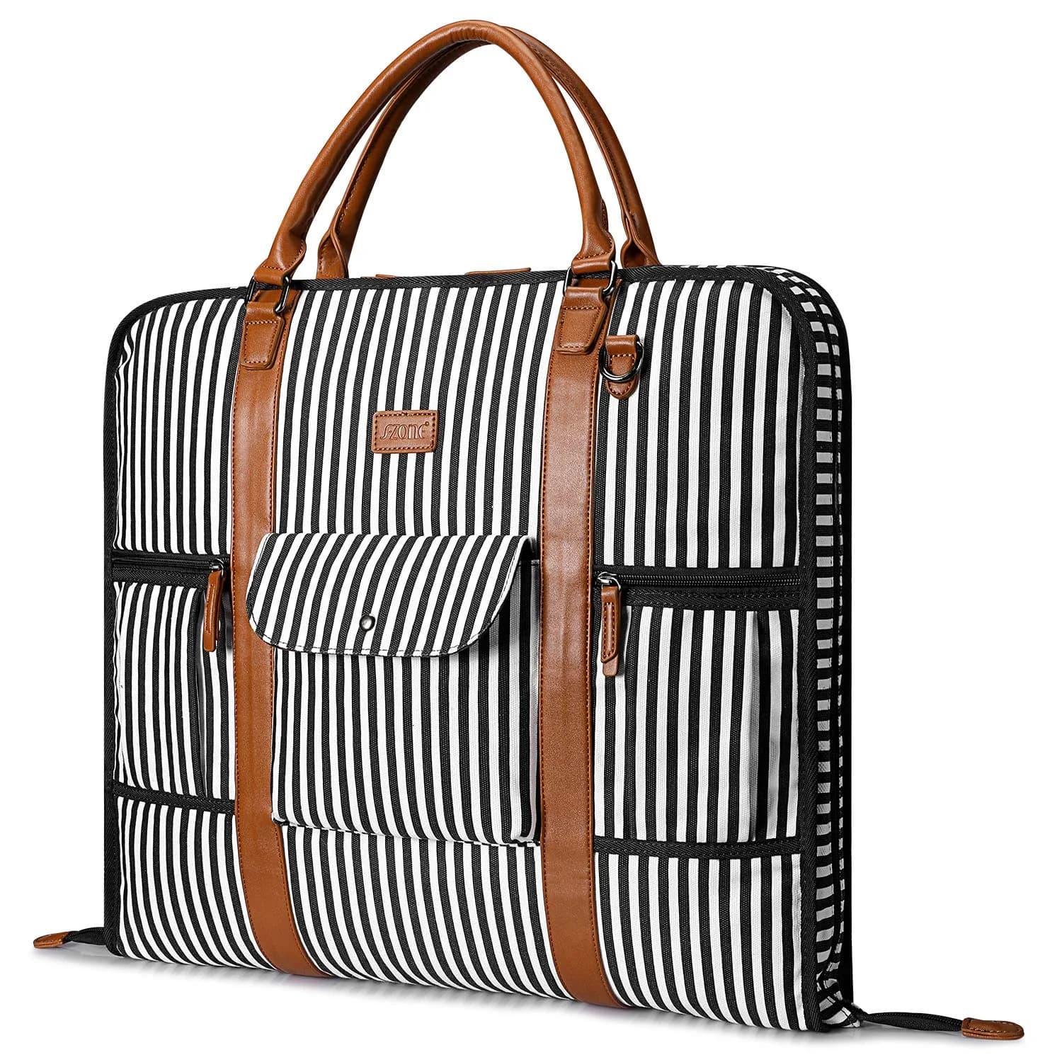 S-ZONE Garment Bag for Travel - Large Canvas Leather Suit Cover with Shoulder Strap | Modern Black Stripe - main product image