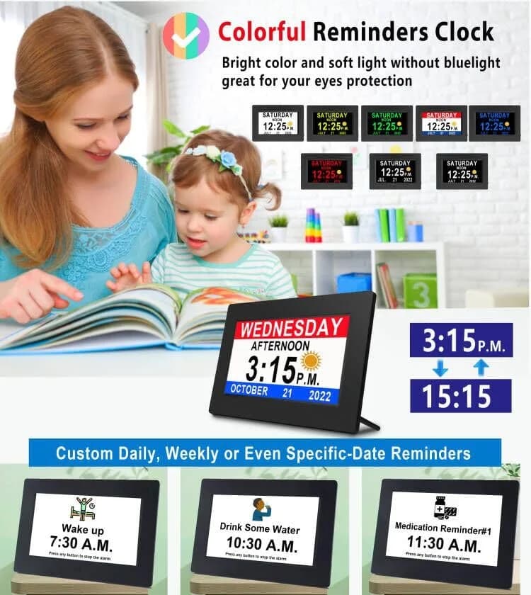 Véfaîî Digital Dementia Clock 7" Large Display Auto Dimmer 19 Alarms for Seniors thumbnail 5