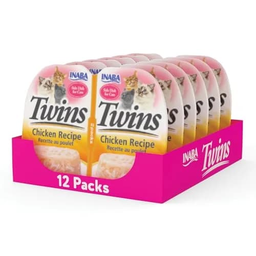 INABA Twins Wet Cat Treat Side Dish, Chicken Flavor, 12 Cups (2.46 oz each) | Hydrating, Low-Calorie Snack for All Life Stages thumbnail 1