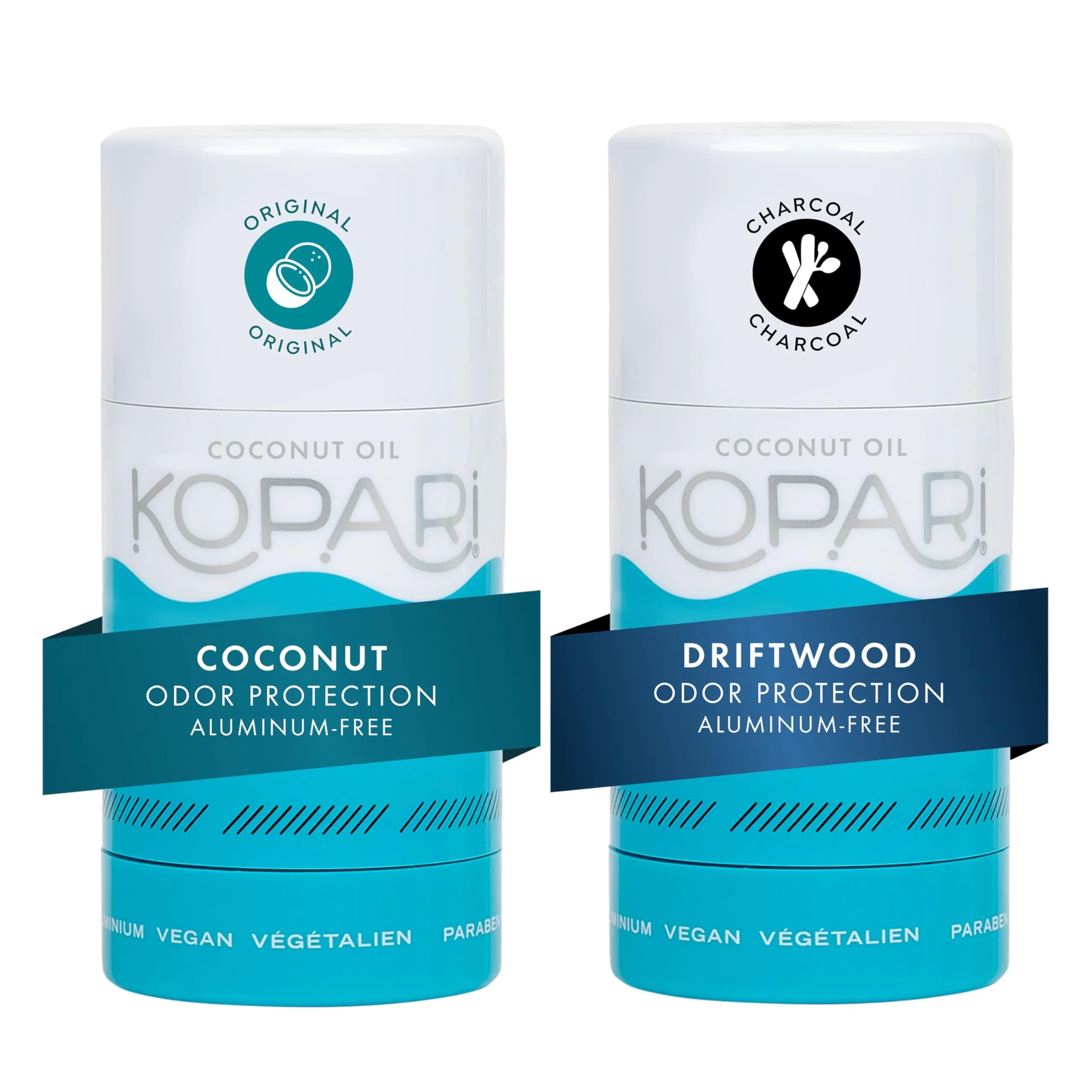Kopari Aluminum Free Coconut Deodorant 2 oz (59 ml) | Pack of 2, Original & Driftwood Charcoal