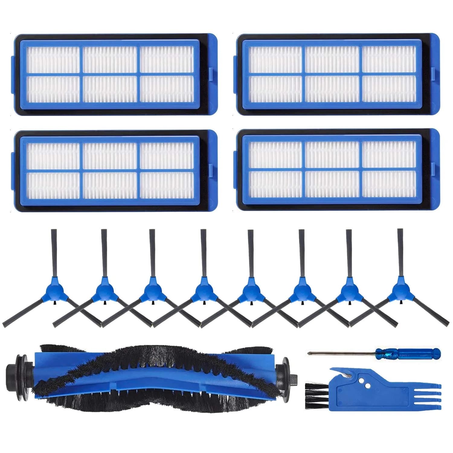LesinaVac Replacement Parts Kit for Eufy RoboVac 11S Max, 15C Max, 30C Max, G30 Edge, G10 Hybrid (1 Main Brush, 6 Side Brushes, 6 Filters) — 1+4+8