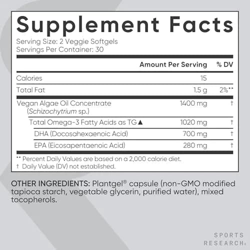 Sports Research Vegan Omega-3 Algae Oil 1020mg 60 Count Plantgels™ | 630mg DHA+EPA Per Serving thumbnail 5