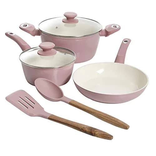 Gibson Home Plaza Café Forged Aluminum Ceramic Cookware Set with Glass Lids, 7-Piece Set, Lavender Rose | Induction Compatible thumbnail 1