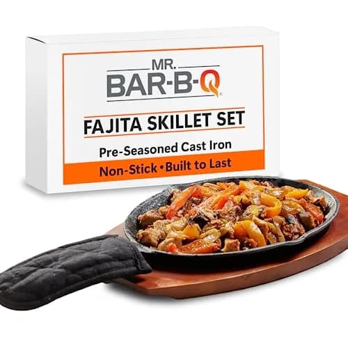 Mr. Bar-B-Q Cast Iron Fajita Sizzling Plate with Wooden Base and Cloth Handle, 25 cm (10 inch) | Authentic Sizzling Fajitas & Steaks thumbnail 1