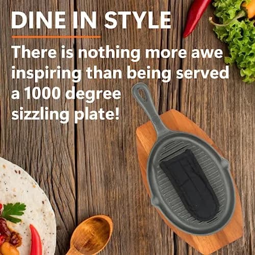 Mr. Bar-B-Q Cast Iron Fajita Sizzling Plate with Wooden Base and Cloth Handle, 25 cm (10 inch) | Authentic Sizzling Fajitas & Steaks thumbnail 4