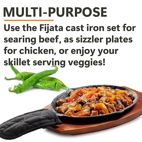 Mr. Bar-B-Q Cast Iron Fajita Sizzling Plate with Wooden Base and Cloth Handle, 25 cm (10 inch) | Authentic Sizzling Fajitas & Steaks thumbnail 5