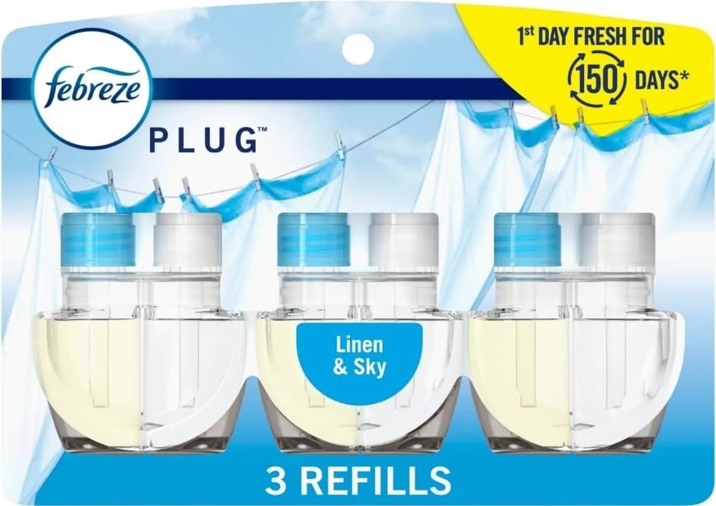 Febreze Fade Defy PLUG Air Freshener Refills, Linen & Sky Scent, 2.61 fl oz (77 ml) | Lasts 50 Days on Low - main product image