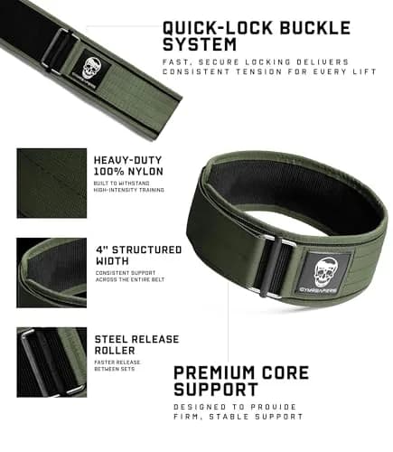Gymreapers Quick Locking Weightlifting Belt Ranger Green X-Small | 4 Inch Nylon Metal Buckle Back Support thumbnail 2