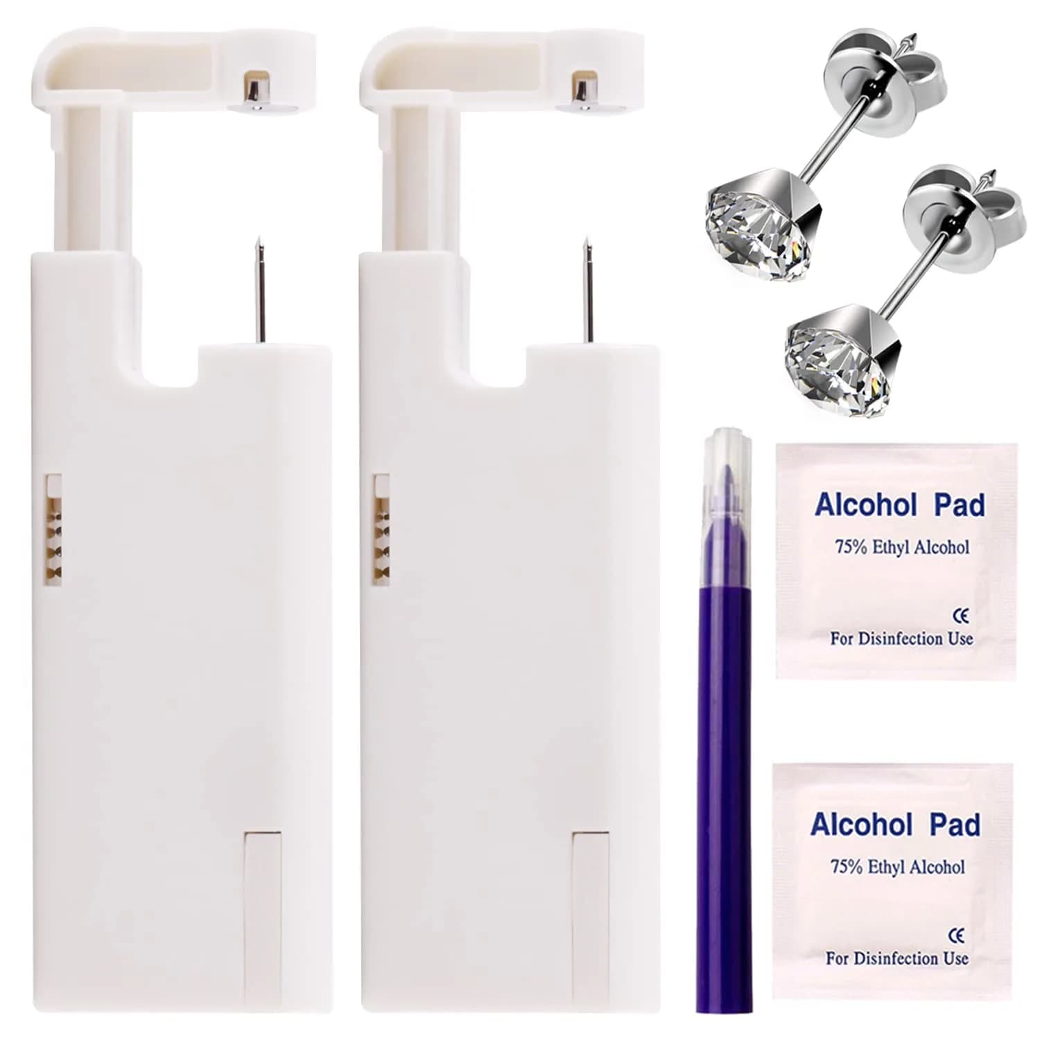 KAIQIKAIXI 2Pcs Ear Piercing Kit with 4mm Golden Studs & Cleaning Pads | Automatic & Painless Household Piercing Tools — Silver
