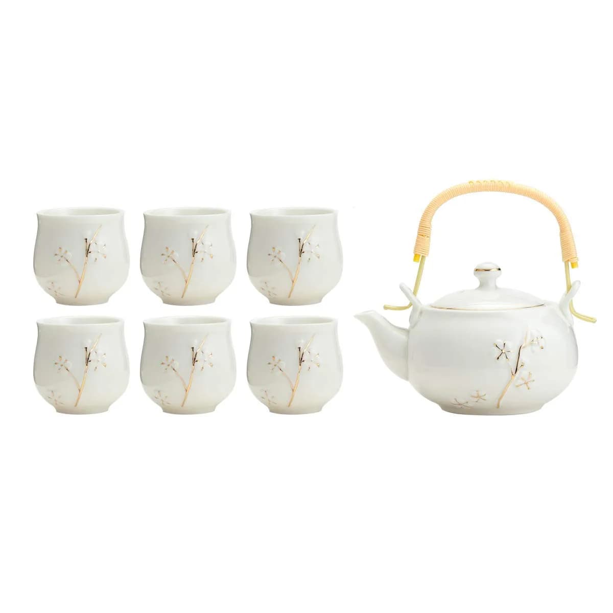 TJ Global White Porcelain Tea Set with Gold Accents | 170ml (6 Fl Oz) Teapot & 6x 177ml (6 Fl Oz) Cups - main product image