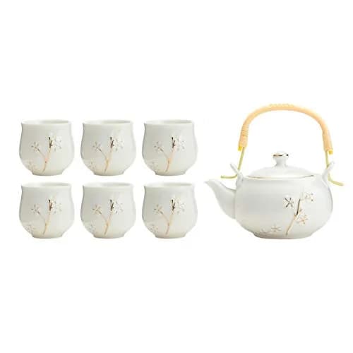 TJ Global White Porcelain Tea Set with Gold Accents | 170ml (6 Fl Oz) Teapot & 6x 177ml (6 Fl Oz) Cups thumbnail 1
