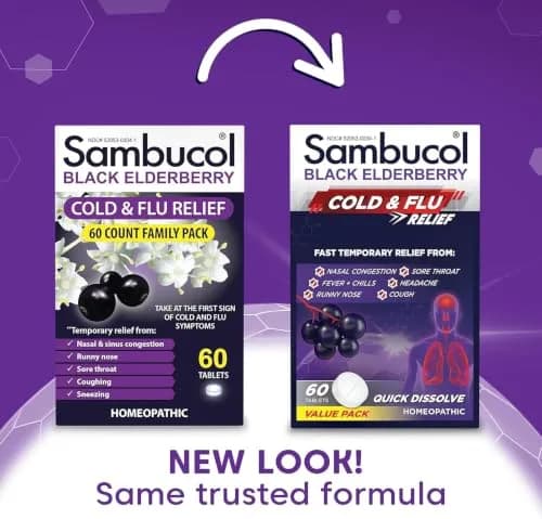 Sambucol Cold and Flu Relief Tablets - 60 Count | Quick-Dissolving Elderberry Medicine for Adults & Kids thumbnail 2