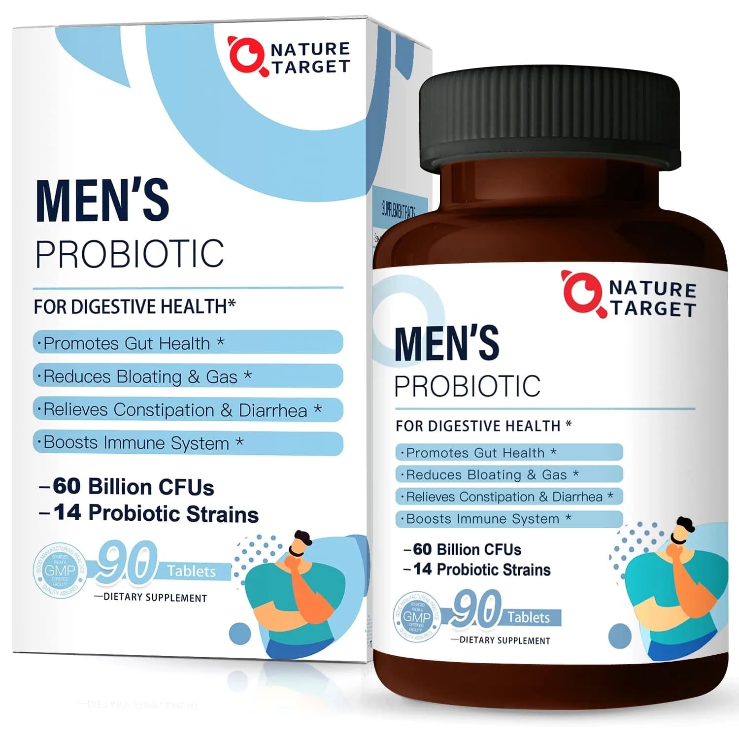 NATURE TARGET Probiotics for Men 90 Veggie Tablets | 60 Billion CFU for Digestive & Immune Support