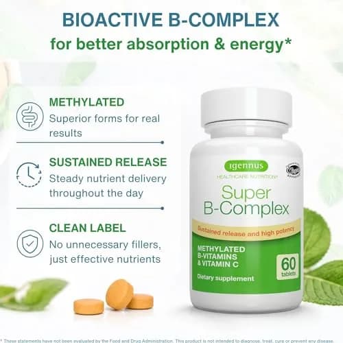 Igennus High Absorption Super B-Complex Methylated & Active B Vitamins 180 Tablets (3-Month Supply) | Energy, Mood & Cognitive Support thumbnail 2