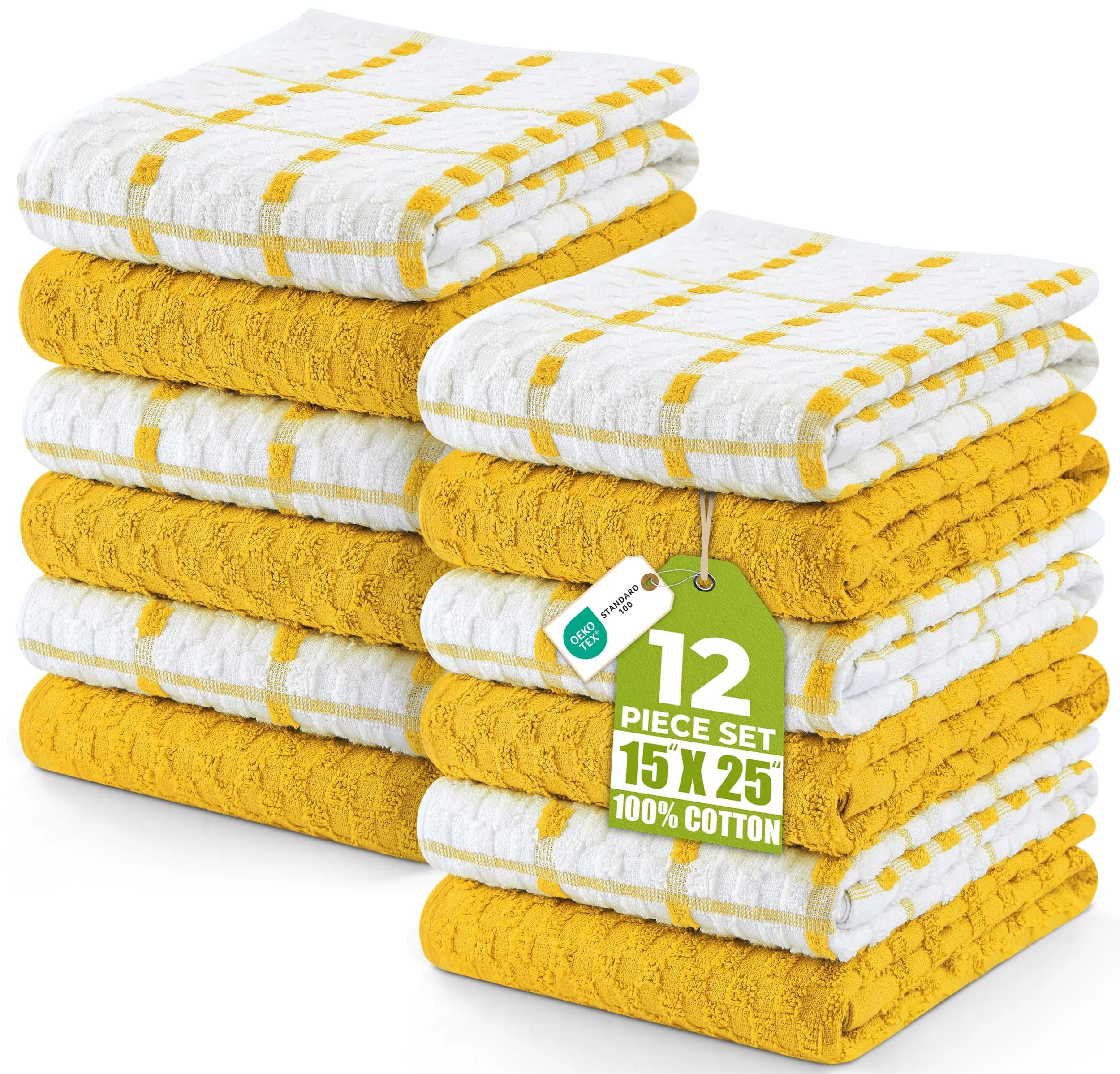 Utopia Towels Yellow Kitchen Towels 12 Pack 38cm x 64cm (15" x 25") | Absorbent Dobby Weave Cotton Dish Cloths - main product image