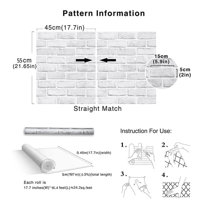 Cohoo Home White Brick Wallpaper Peel and Stick 45cm (17.7") x 500cm (197") | Realistic Faux Brick Wall Covering thumbnail 5