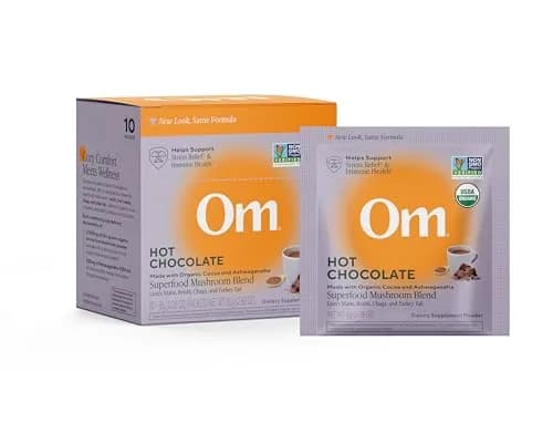 OM MUSHROOM SUPERFOOD Hot Chocolate Blend – Dutch Cocoa Mushroom Powder with Lion’s Mane, Reishi, Chaga & Turkey Tail – Focus, Calm & Stress Support – 2g Sugar, 25 Calories – Single Serve (10 Count) thumbnail 1